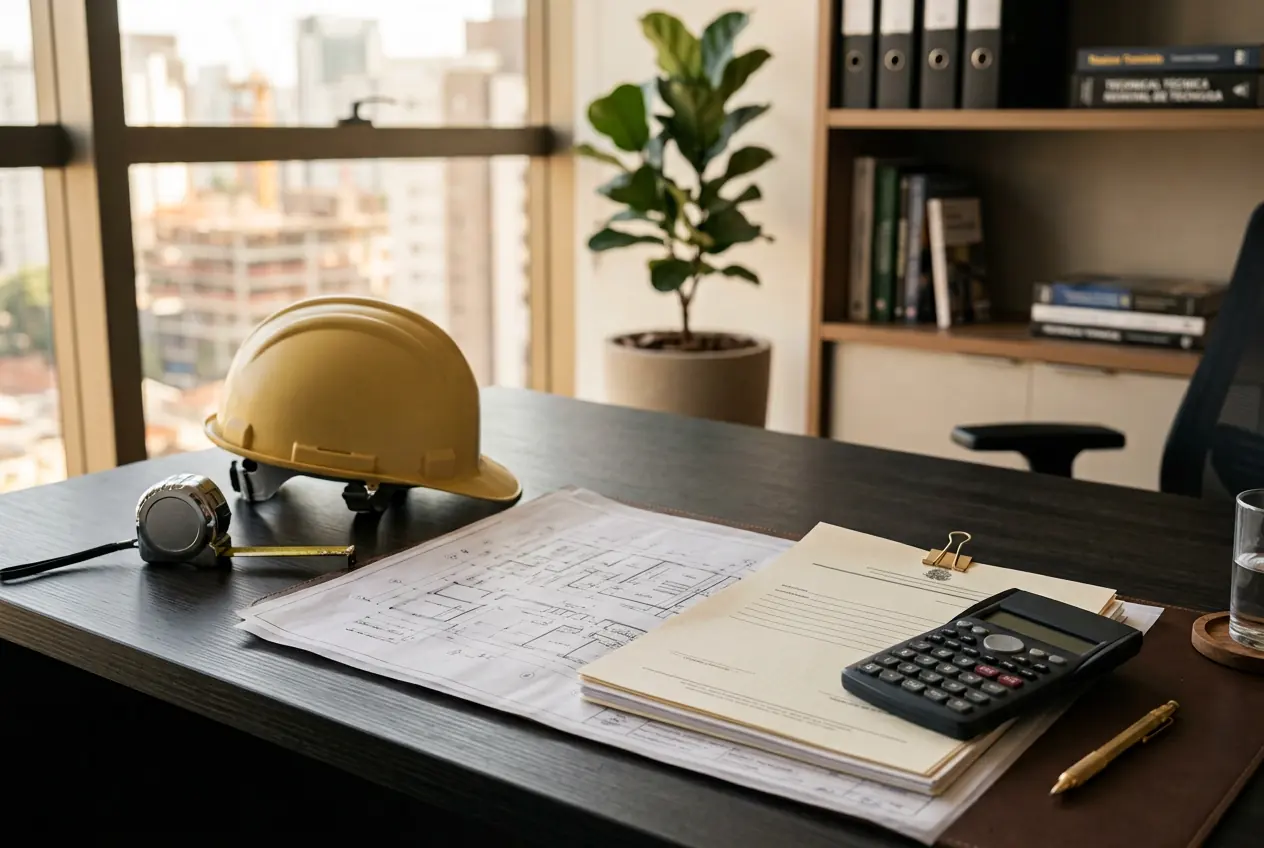 Documentos, plantas e instrumentos usados na organização de uma obra